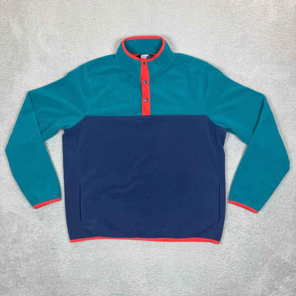 Lands End Mens Large Colorblock Fleece Snap Neck Pullover Teal Navy Orange-Red